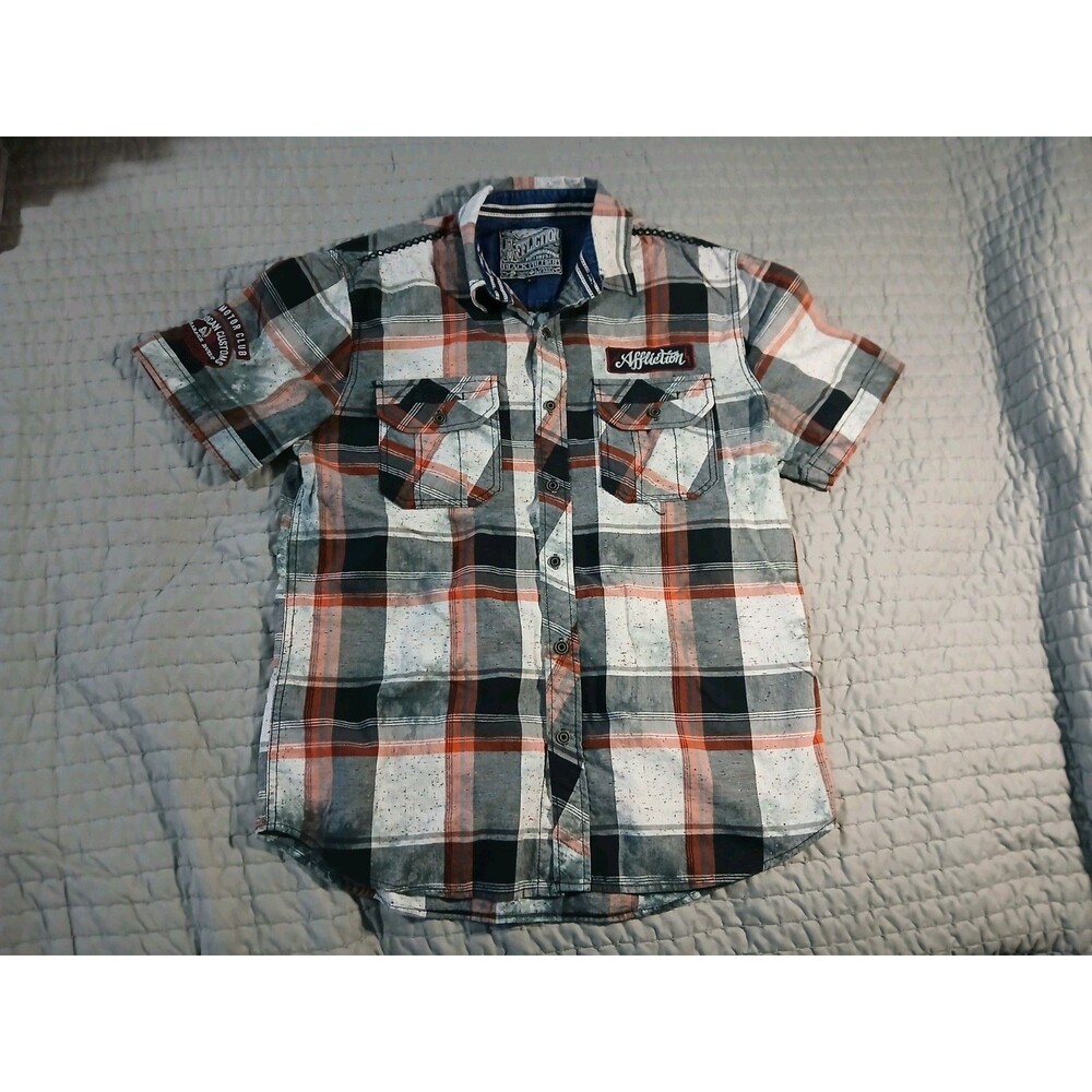 Y2K Affliction Limited Edition Mens M Plaid Button Up Short Sleeve Black Premium